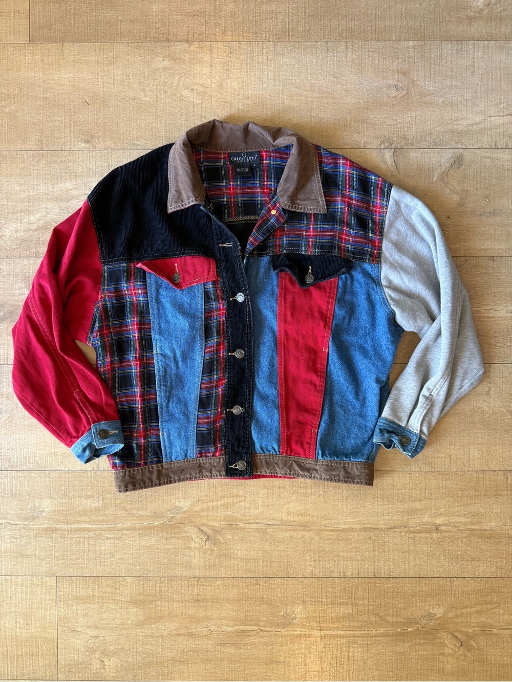 VTG 90s Carole Little Patchwork Trucker Jacket Plaid Denim Corduroy Mixed Media